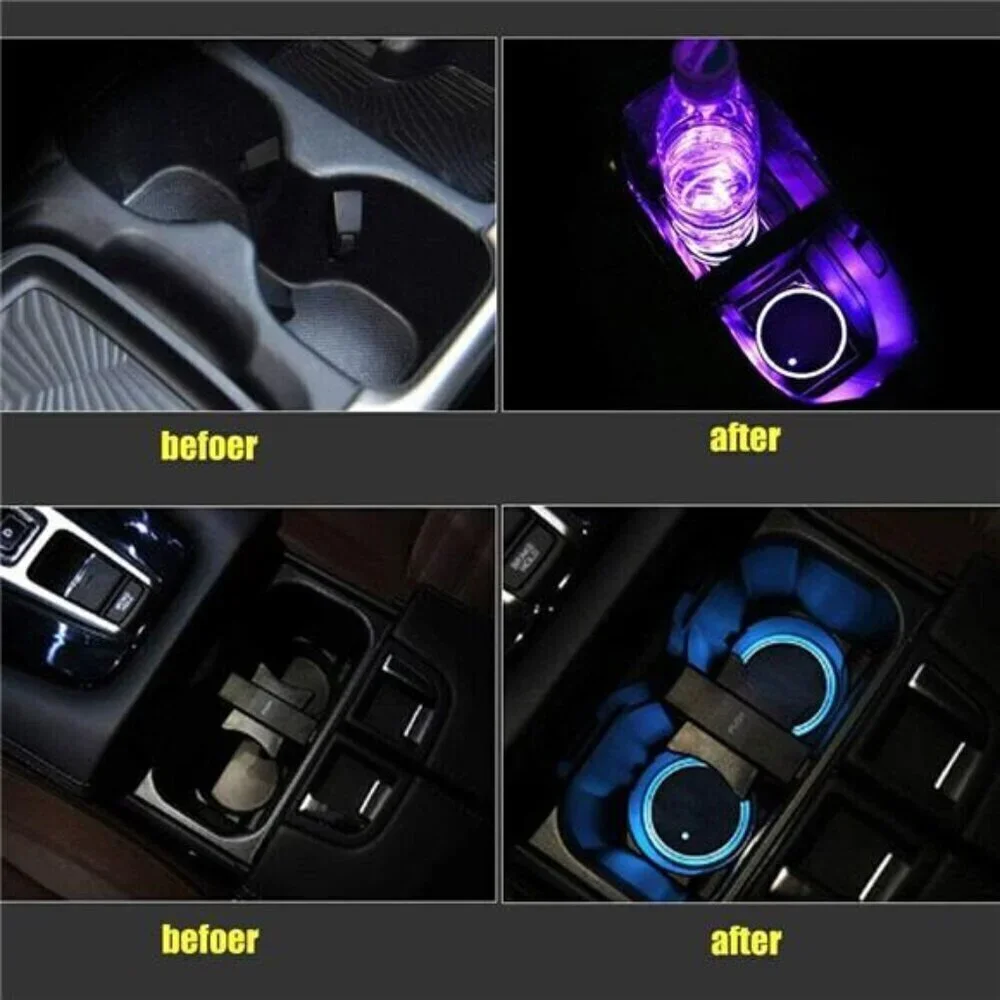 LED Light Car Cup Coasters 2-Pack Cup Holder Anti Slip Rubber Vehicle 7 Colors